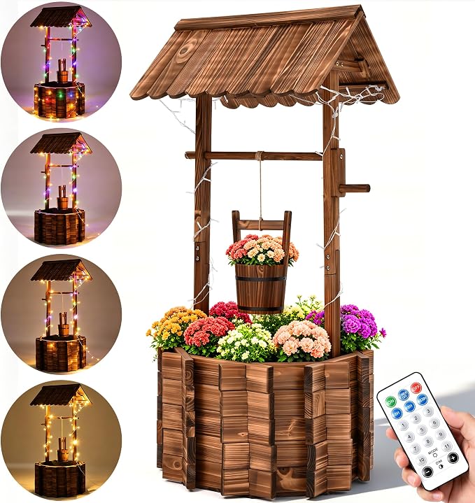 54" Outdoor Wooden Wishing Well Planter with Colorful LED Lights | Rustic fir wood decor with 11 light modes, 3 timer settings, adjustable bucket, drainage base, and liner for patio or yard