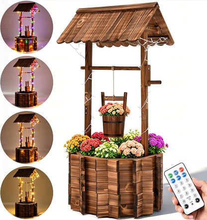 54" Outdoor Wooden Wishing Well Planter with Colorful LED Lights | Rustic fir wood decor with 11 light modes, 3 timer settings, adjustable bucket, drainage base, and liner for patio or yard