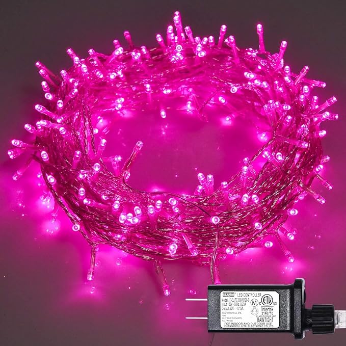 Pink String Lights Outdoor Valentines Day Decorations, 8 Modes Fairy Christmas Lights Plug in for Bedroom Tree Outsides Decor (Pink, 300Led)