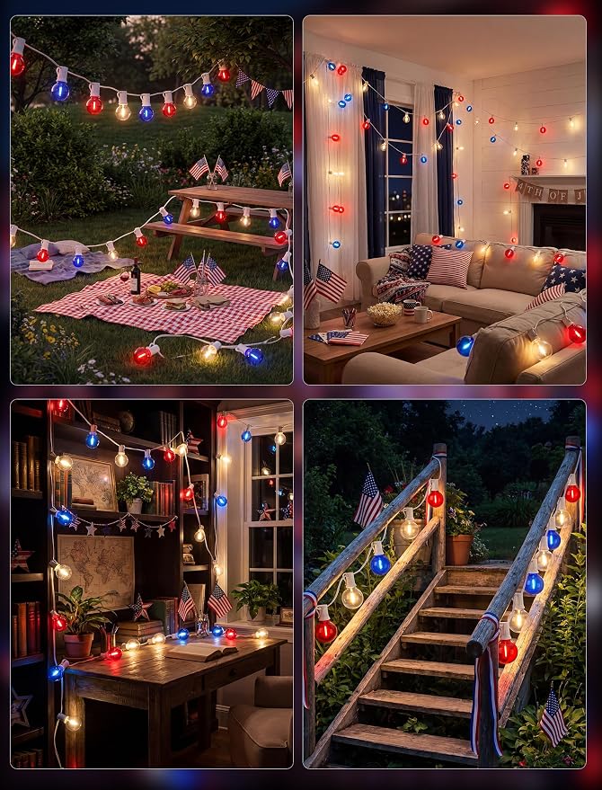 4th of July G40 LED Red White and Blue Lights, 25ft Outdoor String lights | Hanging Patio Lights with 27 Shatterproof Round Bulbs, Plug in, Connectable, Independence Day Decoration Patriotic Party