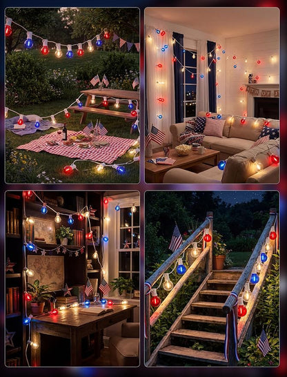 4th of July G40 LED Red White and Blue Lights, 25ft Outdoor String lights | Hanging Patio Lights with 27 Shatterproof Round Bulbs, Plug in, Connectable, Independence Day Decoration Patriotic Party