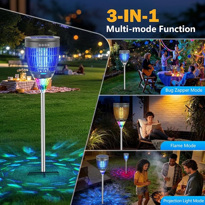 All in 1 Solar Bug Zapper Outdoor, Flame & Projection Mode, Auto/Manual Modes, 4200V Electric Mosquito Killer with High Powered, IPX5 Waterproof Rechargeable Fly Insect Trap for Patio Garden Yard RV