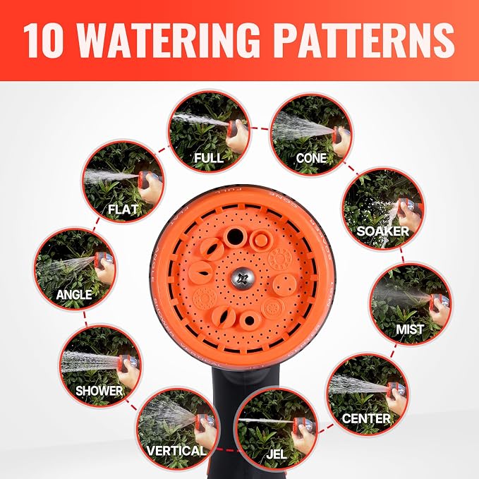 YAMATIC 50FT Garden Hose 5/8in I.D. with 10 Function Water Hose Nozzle | 3/4" Solid Brass Connections, 360° Swivel Handle for Leakproof, Adjustable Spray Nozzle with Thumb Control for Backyard Lawn