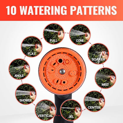 YAMATIC 100FT Garden Hose 5/8in I.D. with 10 Function Water Hose Nozzle | 3/4" Solid Brass Connections, 360° Swivel Handle for Leakproof, Adjustable Spray Nozzle with Thumb Control for Backyard Lawn