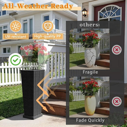 Greesum 23 Inch Tall Plastic Planters with Detachable Inner Pot & Drainage Holes (Set of 2), Large Outdoor Flower Pots for Plants, Trees, Patio, and Garden, Black