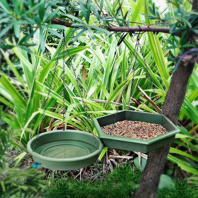 Hanging Bird Bath，2 in 1 XL Hanging Bird Feeder & Birds Bath for Outside, Birds Water Feeder,Tray for Outdoors Garden Patio Decoration
