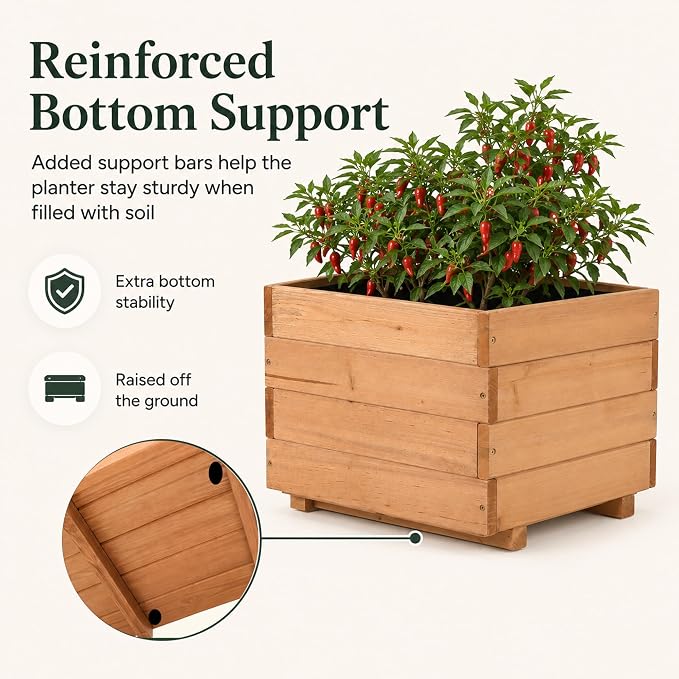 15.75" Square Wooden Planter Box, Fir Wood Planters for Outdoor Plants | 12.6" H Outdoor Planter with 2 Drainage Holes, Mortise & Tenon Corners