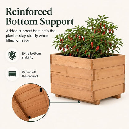 15.75" Square Wooden Planter Box, Fir Wood Planters for Outdoor Plants | 12.6" H Outdoor Planter with 2 Drainage Holes, Mortise & Tenon Corners