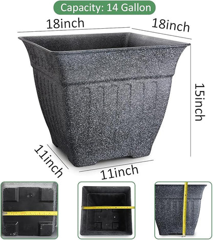 18" Large Square Planter for Plants - 4 Pack Imitation Cement Plastic Flower Pots with Drainage Holes & 2cm Raised Base, 14 Gal Decorative Stone Like Garden Pot, Retro Plant Container (15" Tall)