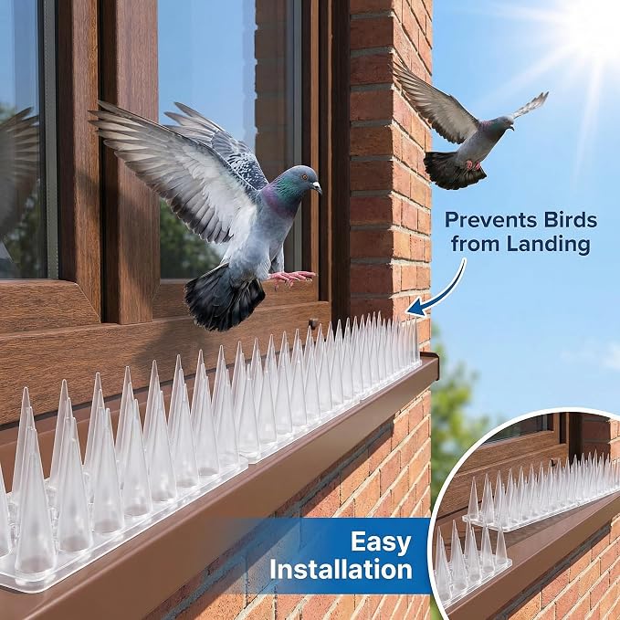 Bird & Animal Deterrent Spikes, 20 Packs Outdoor Plastic Spike Strips for Roof, Ledges, Fence, Walls & Railing, Humane Squirrel, Raccoon & Pigeon Barrier, 20 FT Coverage, White