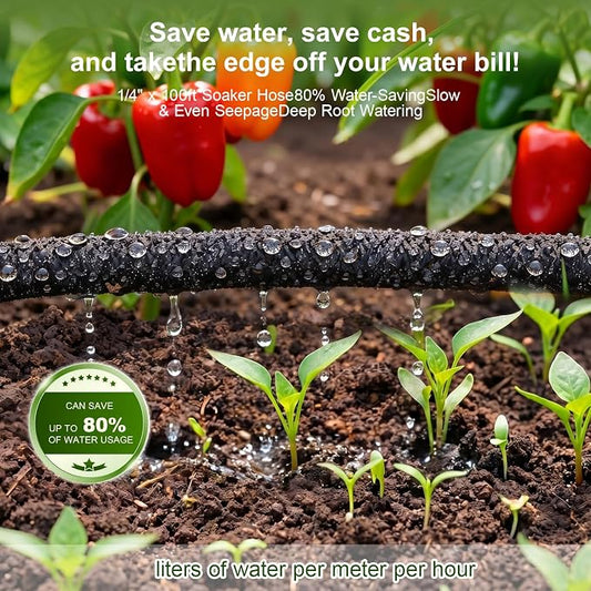 Soaker Hose 1/4 Inch 100ft, Garden Soaker Hose for Garden Beds, Trees & Flower Beds, Uniform Seepage Irrigation Hose