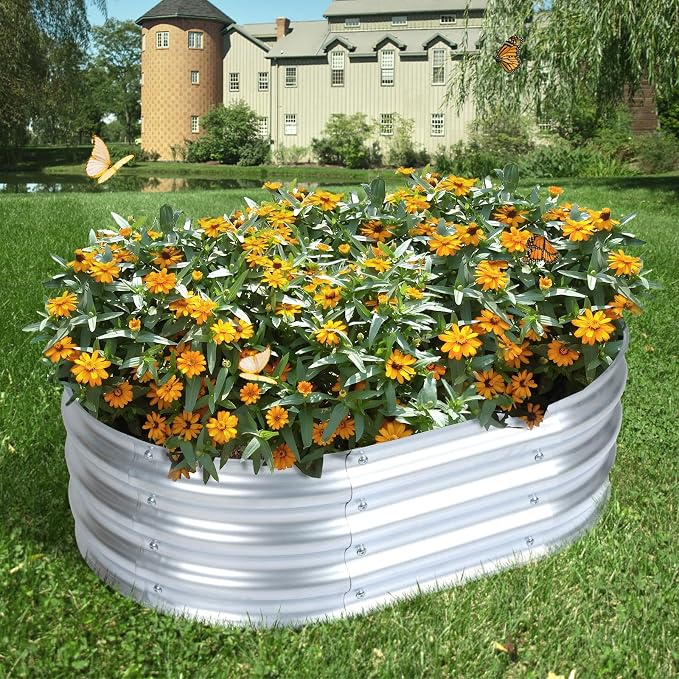 Aoodor Galvanized Raised Garden Bed Kit, 3 x 2 x 1 Ft Oval Outdoor Metal Planter Box for Vegetables, Flowers & Herbs, Silver