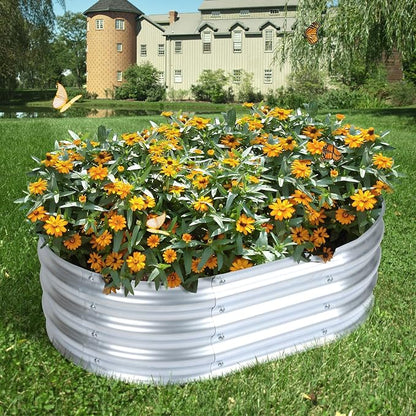 Aoodor Galvanized Raised Garden Bed Kit, 3 x 2 x 1 Ft Oval Outdoor Metal Planter Box for Vegetables, Flowers & Herbs, Silver