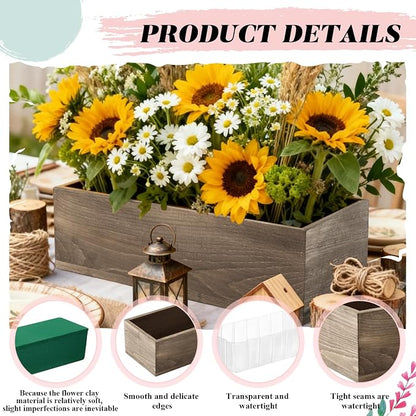 Dandat 2 Set Wood Boxes for Centerpieces 12x4 Inch Rectangle Wooden Planter Box Rustic Wooden Planters with Removable Plastic Liner Floral Foam Blocks for Christmas Wedding Garden Decor(Brown)