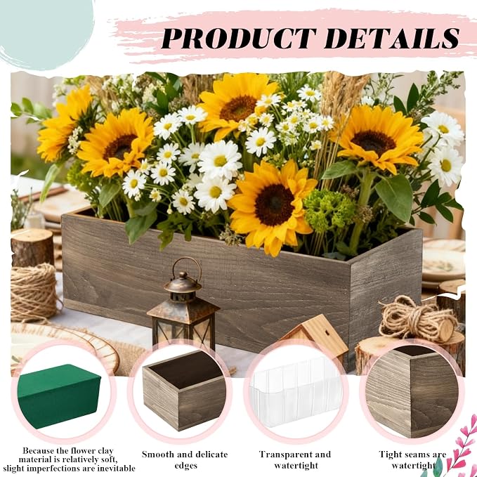 Dandat 12 Set Wood Boxes for Centerpieces 12x4 Inch Rectangle Wooden Planter Box Rustic Wooden Planters with Removable Plastic Liner Floral Foam Blocks for Christmas Wedding Home Garden Decor(Brown)