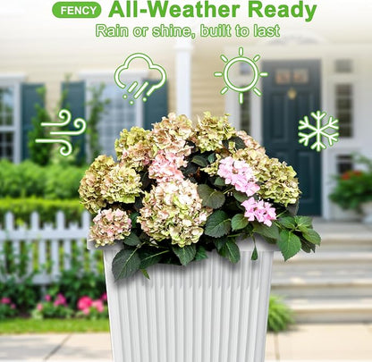 FENCY Set of 2 Tall Planters for Outdoor Plants, White Ribbed | 24 Inch, with Drainage Hole & Trays, Plastic Tapered Pots, Weather-Resistant, Front Door Decor
