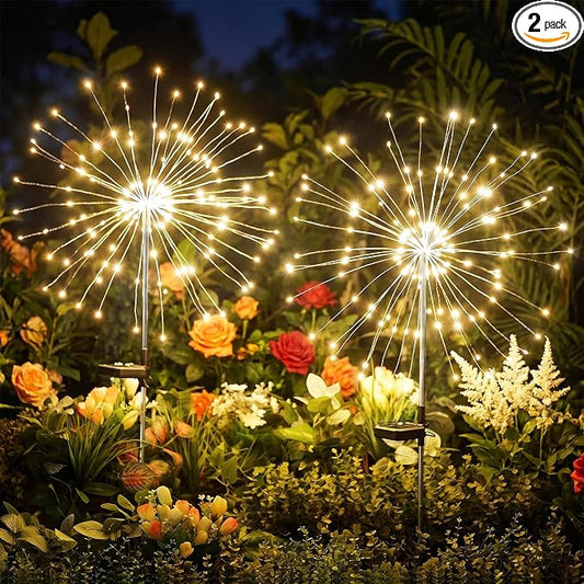 Brightown 150LED Solar Garden Lights Outdoor, 8 Modes 2 Pack Firework Fairy Lights for Outside Decorative, Solar Powered Stake Flowerbed Planter Decorations for Yard Pathway Patio Christmas,Warm White