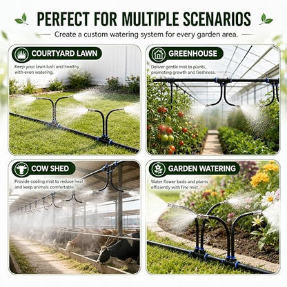 50Ft 1/2" Tubing High-Flow Drip Irrigation System, 360° Adjustable Garden Watering System with 30 Nozzles, Dual-Side Watering Kit for Raised Beds, Greenhouses & Efficient Plant Irrigation