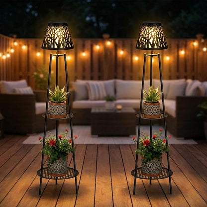 2 Pack Solar Floor Lamps Outdoor with 2-Tier Plant Stand, Metal Tall Planter Holder with Waterproof LED Lantern, Decorative Patio Light & Flower Pot Display Rack for Garden, Deck, Porch, Balcony