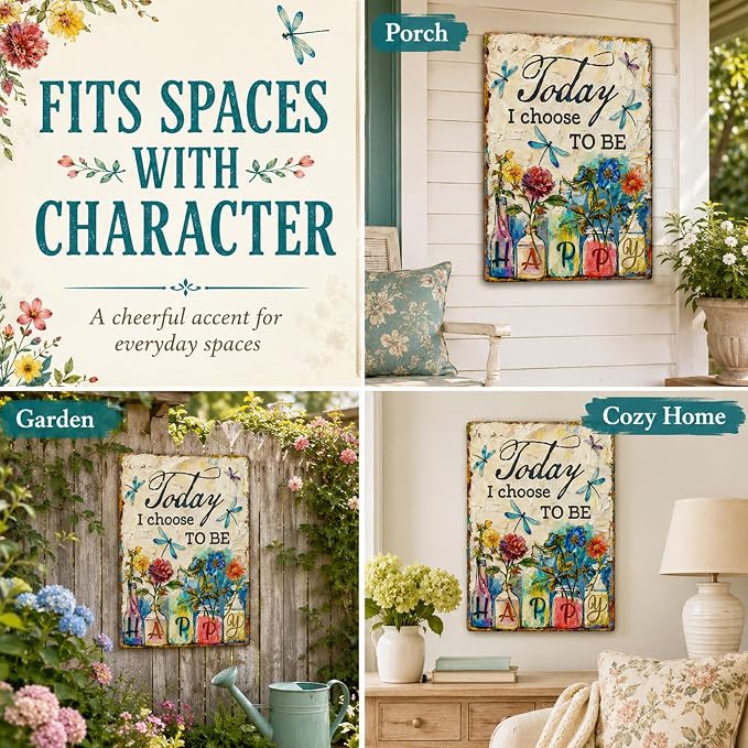 Dragonfly Metal Sign Today I Choose to Be Happy Aluminum Wall Decor Vintage Floral Dragonfly Garden Sign for Yard Patio Porch Outdoor Home Decor 8x12 Inch