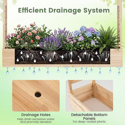 Giantex Wooden Raised Garden Bed with Trellis & Hanging Roof, 2 Pack Fir Wood Planter Box, 45” Freestanding Elevated Garden Bed for Outdoor Climbing Plants Vegetables Flowers, Patio & Balcony, Natural