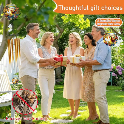 Chicken Wind Chimes for Outside with Wind Spinner, Summer Garden Patio Yard Porch Decor, Floral Hen Wind Chime with Gift Box, Summer Birthday Housewarming Gifts for Women Grandma Nana