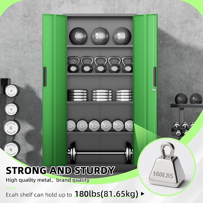 INTERGREAT Metal Storage Cabinet, 72" Locking Steel Cabinets with 2 Door and 4 Adjustable Shelves, Tall Metal Cabinet for Home Office, Garage, Warehouse,(Black+Green)