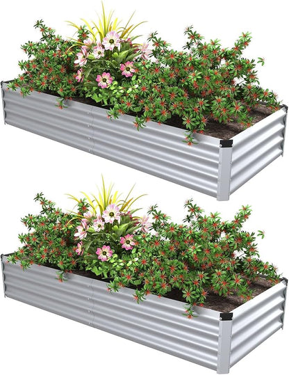 6x2x1 Ft 2Packs Metal Raised Garden Bed, Rectangular Outdoor, Garden Bed Planter Box for Vegetables, Flowers and Herbs, Color Coated Steel Raised Planter Bed Kit (Silver)