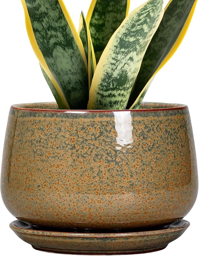 G EPGardening 7 Inch Ceramic Pots for Plants - Ceramic Planters for Indoor Outdoor Plants, Round Plant Pots with Drainage and Saucer, Modern Planter, House Decor, Plant Lover Gifts, Speckled Brown