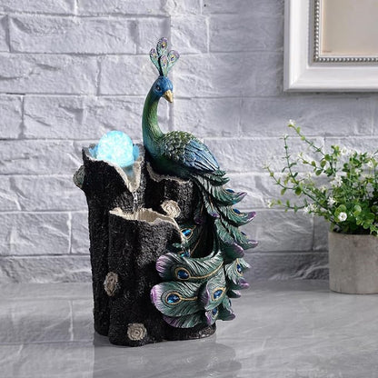 Kalona Tabletop Peacock Waterfall Fountain, 13.39" Indoor Water Feature with Rotating Glass Globe & LED Light-Up Base, Desktop Zen Fountain for Home Office Relaxation Decor (23048)