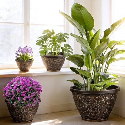 Nooulap 4 Pack 16 Inch Large Plant Pots with Drainage Holes and Saucers,Firework Embossed Plastic Planters, Flower Pots for Indoor Outdoor, Perfect for Large Plants, Trees, Patio and Home Decor