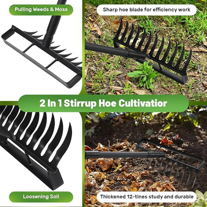 Weed Puller Tool with 76" Long Handle, 2 in 1 Hula Garden Hoe Tool, 12 Tines Garden Weeders Rake and Cultivators Tillers for Gardening, Weeding, Seeding, Ditching, Loosening