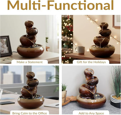 Sunnydaze Tiered Vessels Ceramic Tabletop Water Fountain - Relaxing Indoor Fountain for Office, Bedroom, or Living Room - Brown