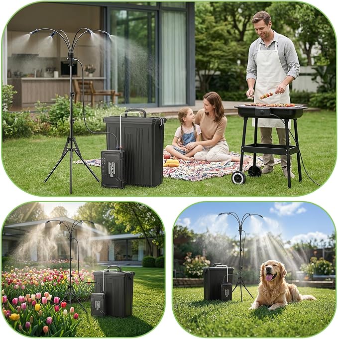 Portable 4 Gallon Misting System with 15000mAh Rechargeable Pump, Stand, 33FT Hose – Powerful Outdoor Water Bucket Misters for Outside Patio Cooling, Backyard, Canopy, Sports, Greenhouse, Camping