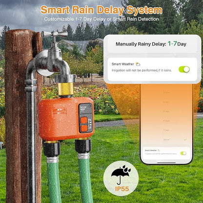 WiFi Water Timer for Garden Hose 2‑Zone, Smart Hose Timer with 984ft Long‑Range & Strong Wall‑Penetration, APP & Control,Voice Control, Rain Delay & Manual Mode, Brass Inlet & Outlet