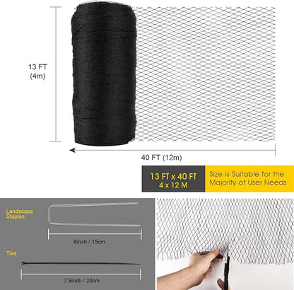 Bird Netting for Garden - 13 x 40 FT Heavy Duty Anti Bird Netting Mesh with Ties and Landscape Staples for Vegetable, Fruit Trees & Other Plants, Lasting Against Birds Deer Squirrels and Poultry