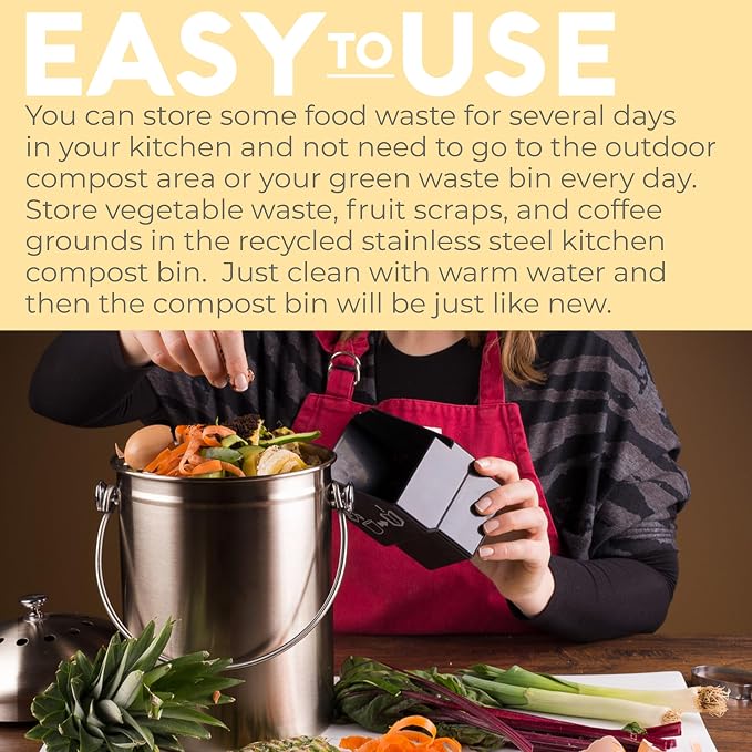 EPICA Countertop Compost Bin Kitchen | 1.3 Gallon | Odorless Composting Bin with Carbon Filters | Indoor Compost Bin with Lid | Stainless Steel Kitchen Composter for Food Scraps & Waste Recycling