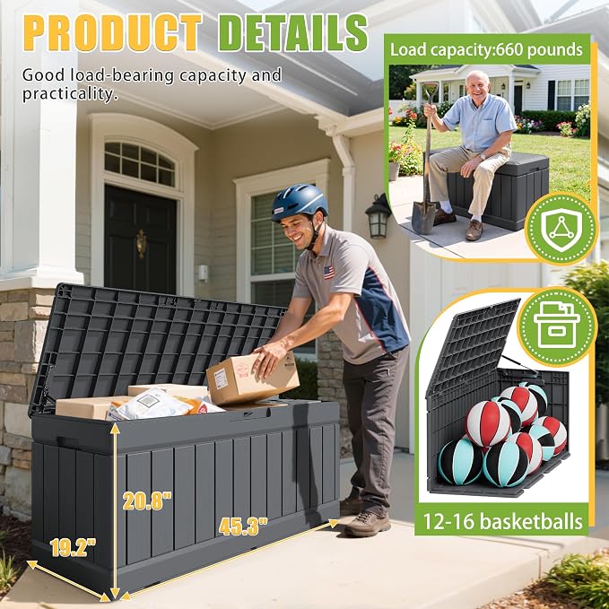 Greesum Outdoor Storage Box 82 Gallon Storage Bin with Lid for Patio Furniture, Garden Tools, Pool Supplies, Waterproof and UV Resistant, Lockable, Gray