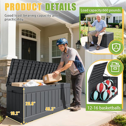 Greesum Outdoor Storage Box 82 Gallon Storage Bin with Lid for Patio Furniture, Garden Tools, Pool Supplies, Waterproof and UV Resistant, Lockable, Gray