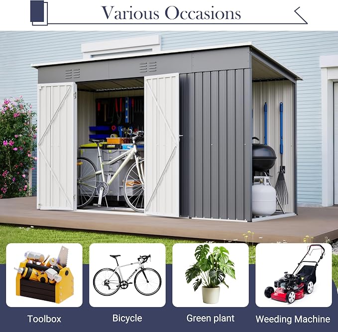 YOPTO 10x4 FT Outdoor Storage Shed, Metal Sheds with Floor Base & Open Firewood Storage,Steel Garden Shed with Lockable Doors,Sloped Roof,Windows, 2 in 1 Large Tool Shed for Patio, Backyard, Lawn.Gray