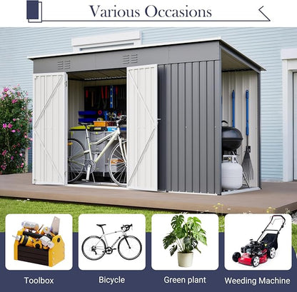 YOPTO 10x4 FT Outdoor Storage Shed, Metal Sheds with Floor Base & Open Firewood Storage,Steel Garden Shed with Lockable Doors,Sloped Roof,Windows, 2 in 1 Large Tool Shed for Patio, Backyard, Lawn.Gray
