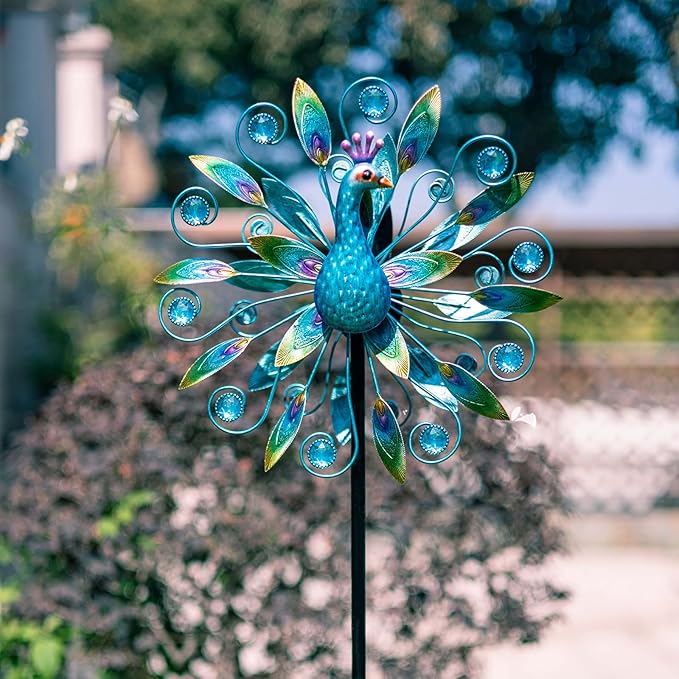 Stargarden 58 Inch Peacock Wind Spinner-Double Wind Sculpture | Metal Windmill for Garden Patio Yard Decor