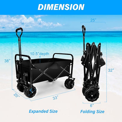 YSSOA Collapsible Folding Wagon, Beach Wagon with Big Wheels, Heavy Duty Foldable Utility Cart, Portable Garden Cart with Adjustable Handle, Foldable Grocery Cart for Camping Sports