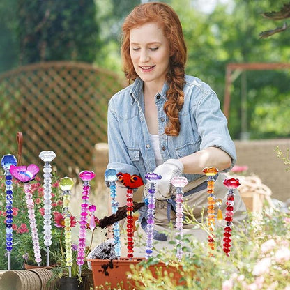 148 PCS Beaded Garden Stakes Kit, DIY Fairy Wand Garden Stake Beads Kits with Assortment Large Hole Beads 6 Crystal Stopper Top Threaded Rods and 3 Colored Small Windmills for Outdoor Indoor Decor