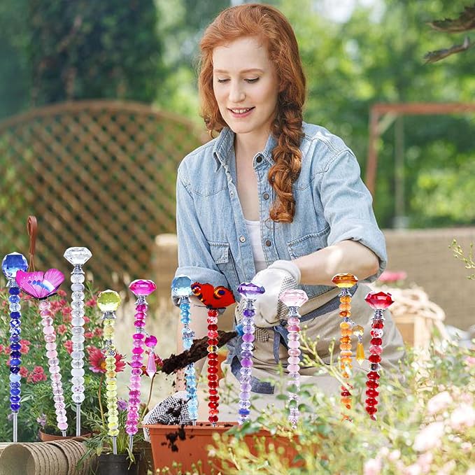 101 PCS Beaded Garden Stakes Kit, DIY Fairy Wand Garden Stake Beads Kits with Red Large Hole Beads 4 Crystal Stopper Top Threaded Rods and 2 Colored Small Windmills for Outdoor Indoor Decor