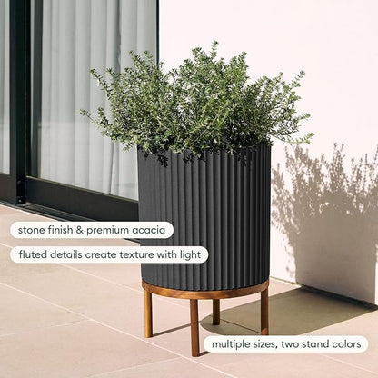 Veradek Demi Series Round Planter w/ Stand for Porch/Patio | Durable Plastic-Concrete & Wooden Stand | Modern Décor for Tall Plants, Flowers