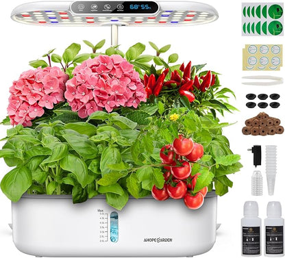 Ahopegarden Hydroponics Growing System with 12 Pods, Indoor Garden Kit with LED Grow Light & LCD Temp Humidity Display, Smart Quiet Pump Planter for Herbs, Lettuce, Vegetables, Kitchen Garden Use