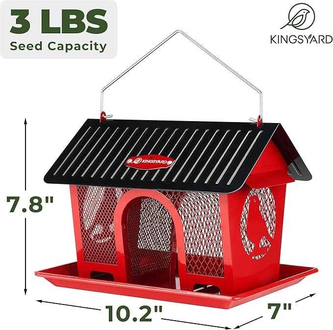 Kingsyard Wild Bird Feeder for Outdoors Hanging, All Metal | Dual-Use Mesh with 360° Feeding, Weatherproof Roof, 3 lb Seed Capacity, Garden Decor & Birding Gift, Red