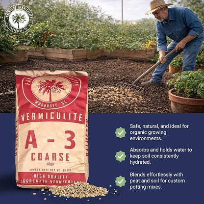 Palmetto Vermiculite Coarse Grade A-3 Horticultural Soil Additive, 4 Cu Ft Bag - Gardening and Potting Mix for Seed Starting, Aeration, and Drainage