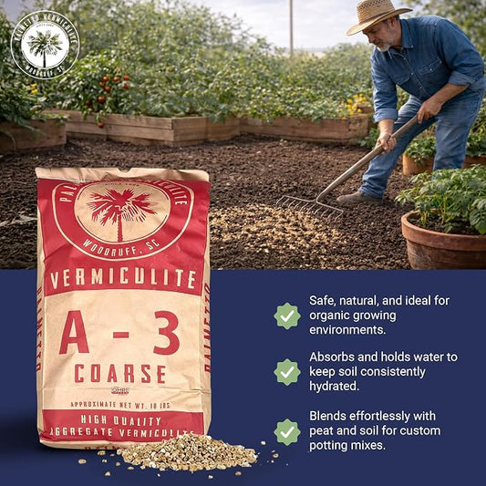 Palmetto Vermiculite Coarse Grade A-3 Horticultural Soil Additive, 4 Cu Ft Bag - Gardening and Potting Mix for Seed Starting, Aeration, and Drainage